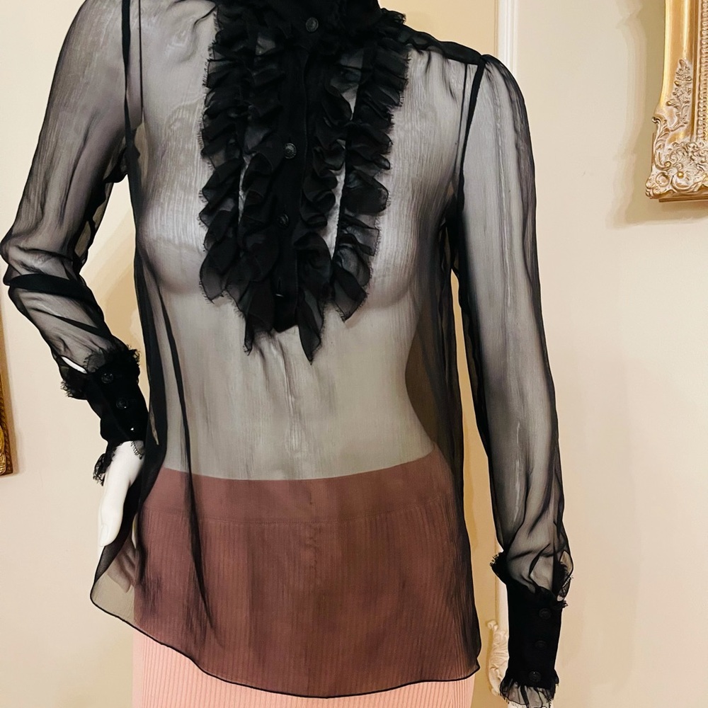 CHANEL  AUTENTIC  SHEERS RUFFLED TURTLENECK BLOUSE MADE IN ITALY  SIZE 36 - Picture 12 of 16